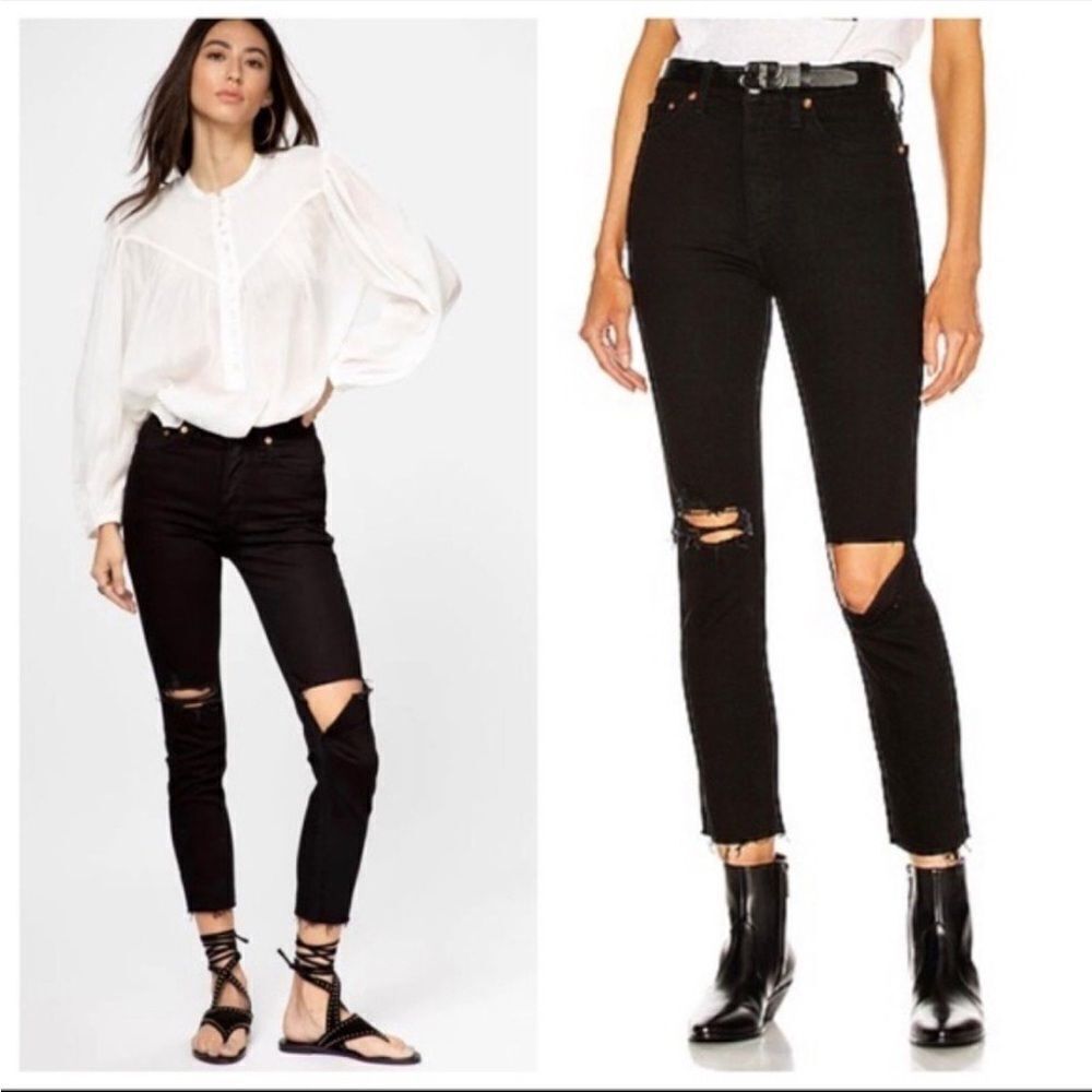 Redone‎ Re/Done Jeans 90s High Rise Ankle Crop Ripped Jet Black with Rips 26”